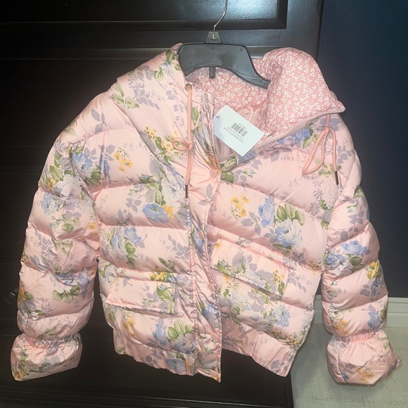 Jackets & Blazers - Floral Pink Hooded Puffer.